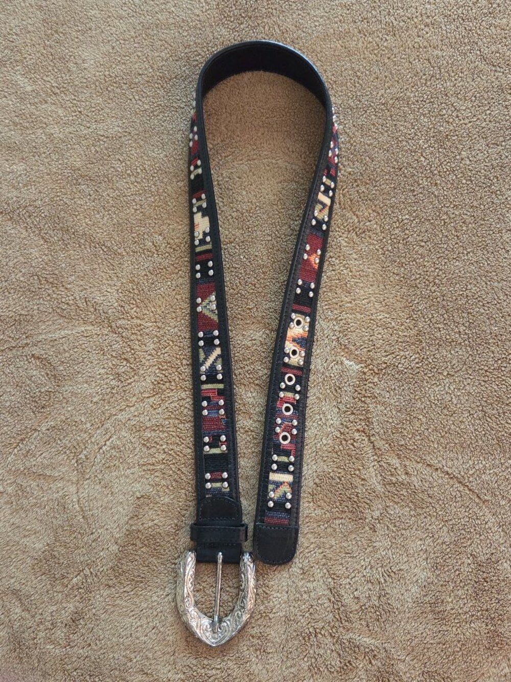 Vintage Leatherock Brown Western Belt 28-32" Embroidered Studs Aztec Boho Native